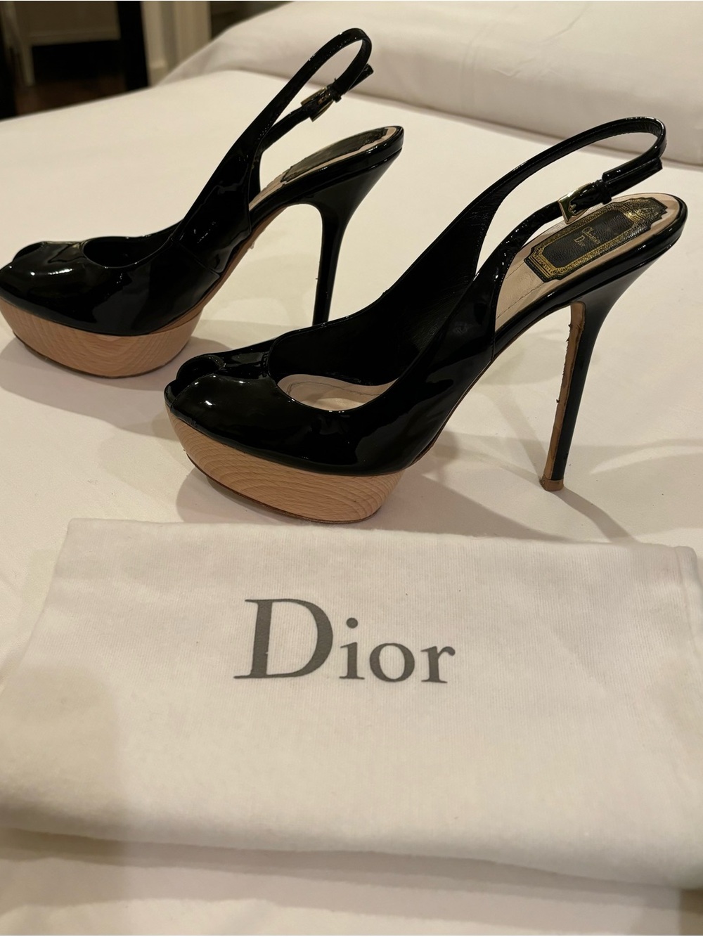 Christian Dior Black Patent Leather Peep-Toe Platform Slingback Heels 38 1/2